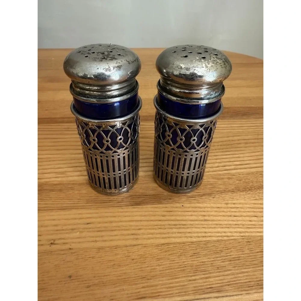 Vintage Cobalt Blue Salt & Pepper Shakers, Silver Plate Filigree Leonard,  Japan